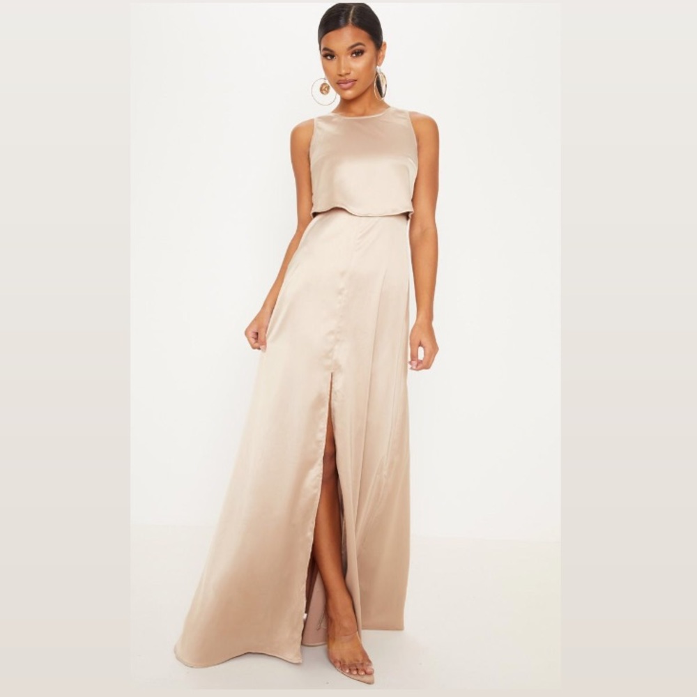 PrettyLittleThing Champagne Satin Bridesmaid Dress